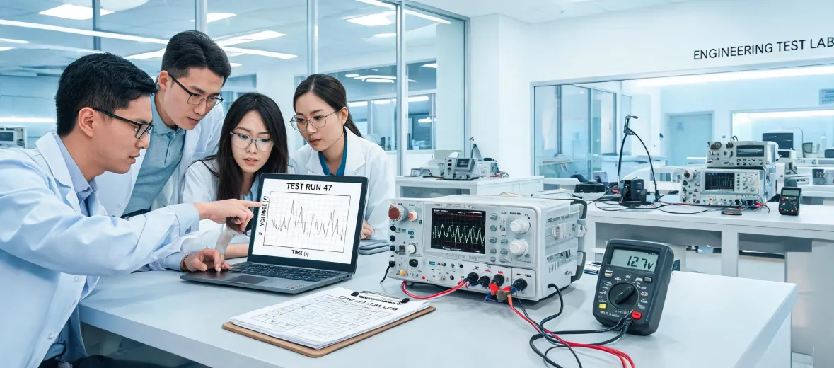 Engineering teams reviewing measurement data in a lab