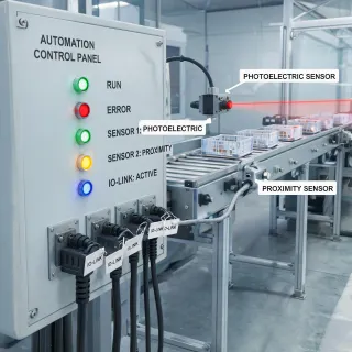 Industrial sensors on conveyor automation line