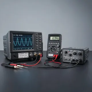 Oscilloscope and multimeter test bench