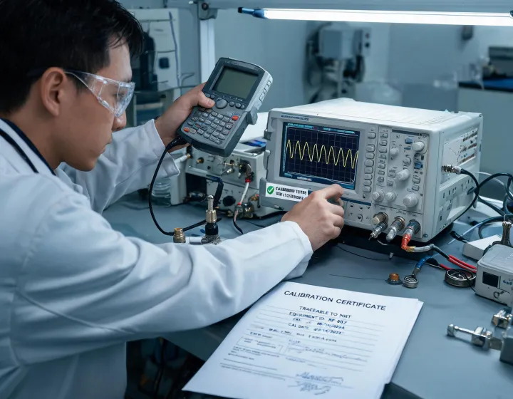 Engineer measuring RF equipment at a calibrated lab bench
