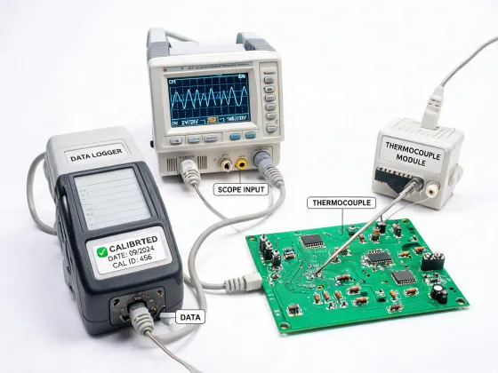 Data logger and oscilloscope connected to a circuit board