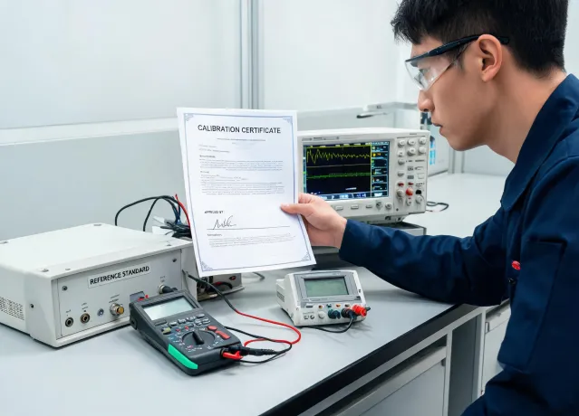 Calibration engineer reviewing certificates beside benchtop instruments